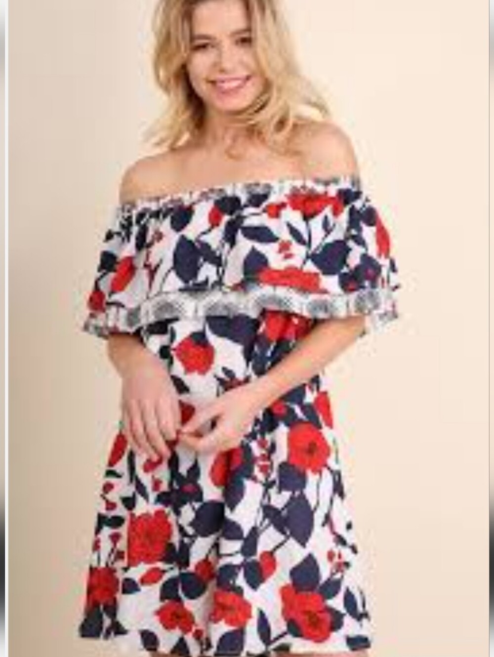 Umgee Off-Shoulder White Dress with Red & Navy Floral Print